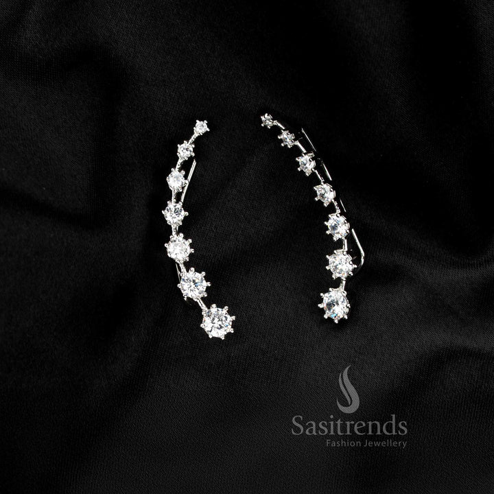 Silver AD crystal line ear climber earcuff with a smooth linear glow, perfect for party edit looks and refined fashion styling – Sasitrends