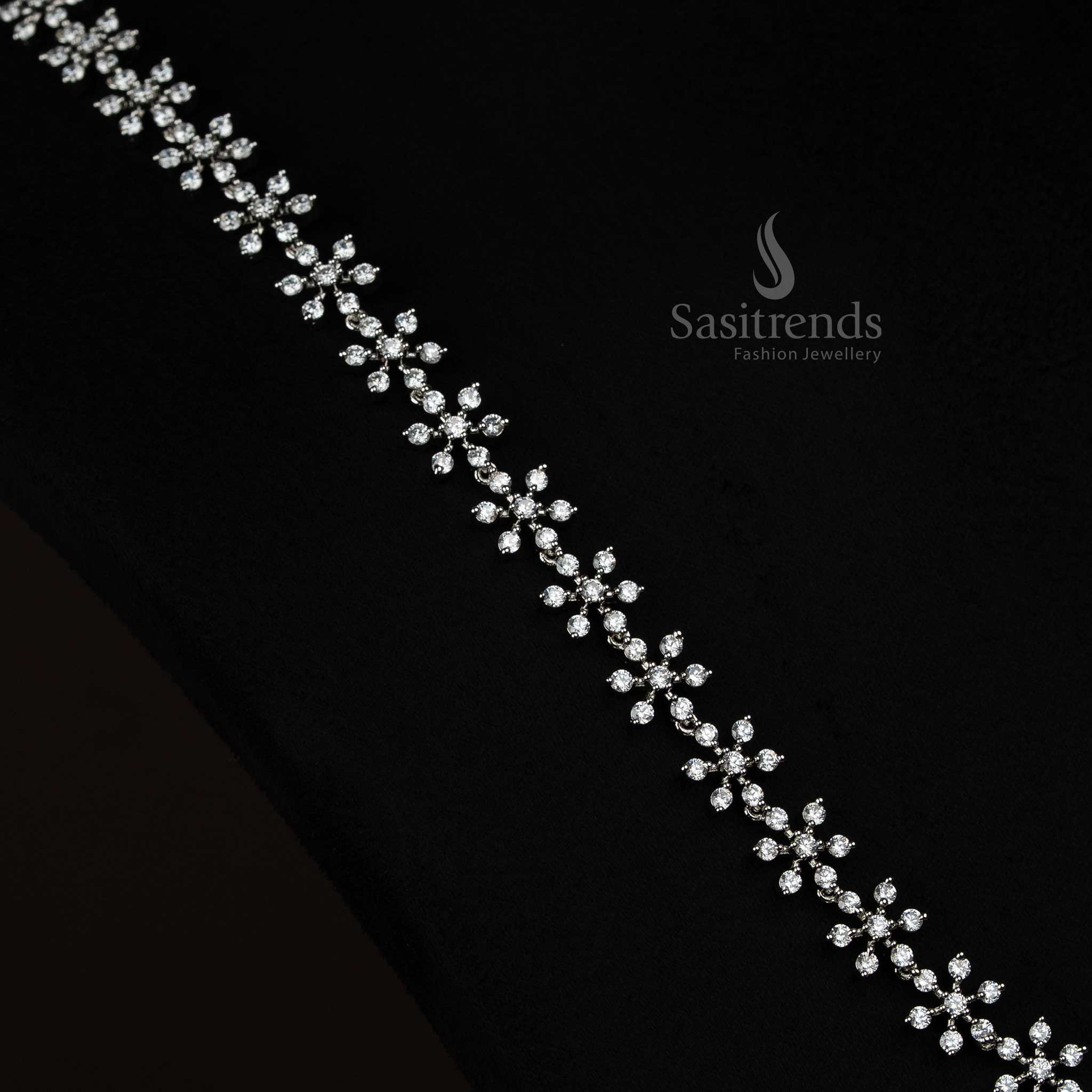 Exclusive Micro Gold Plated Chain Long Necklace Set Featuring American Diamonds And Matching Floral Studs For Women, Designed For Festivals And Grand Celebrations – Sasitrends