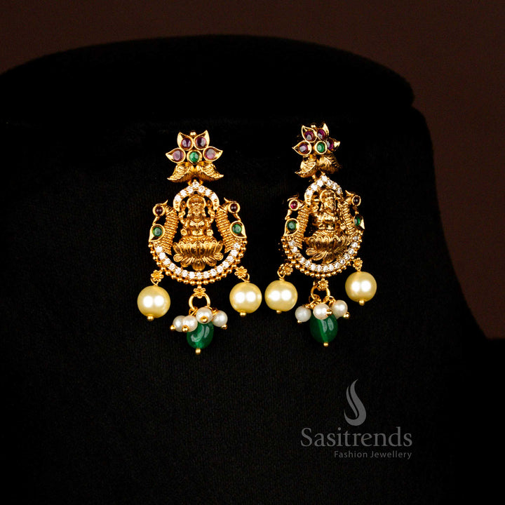 Royal One Gram Matte Gold Lakshmi Temple Multi Pearl And AD Stone Earrings Perfect For A Classic Ethnic Look - Sasitrends