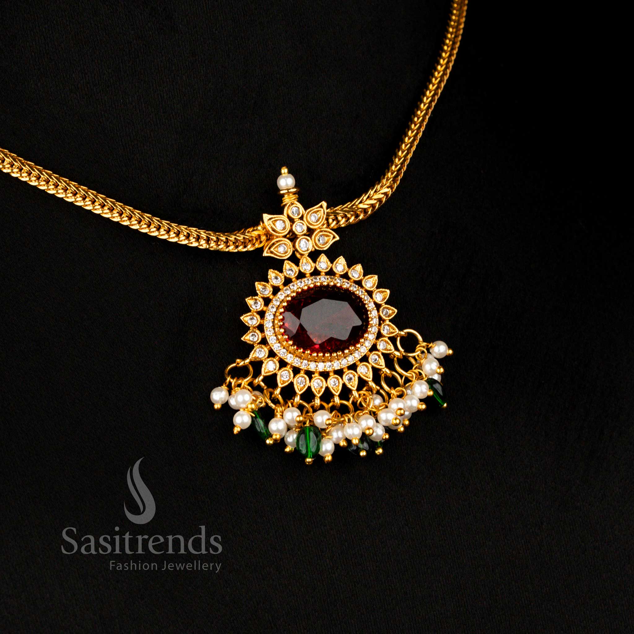Premium Designer Matte Gold Plated Maroon-Green-Pearl Oval Pendant Necklace Set With Stone Beads Perfect For Wedding And Cultural Events - Sasitrends