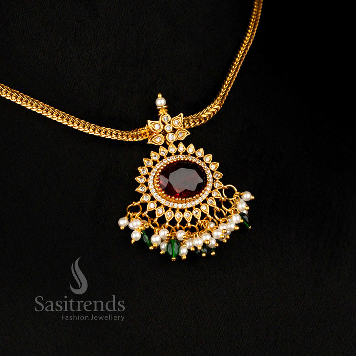 Premium Designer Matte Gold Plated Maroon-Green-Pearl Oval Pendant Necklace Set With Stone Beads Perfect For Wedding And Cultural Events - Sasitrends