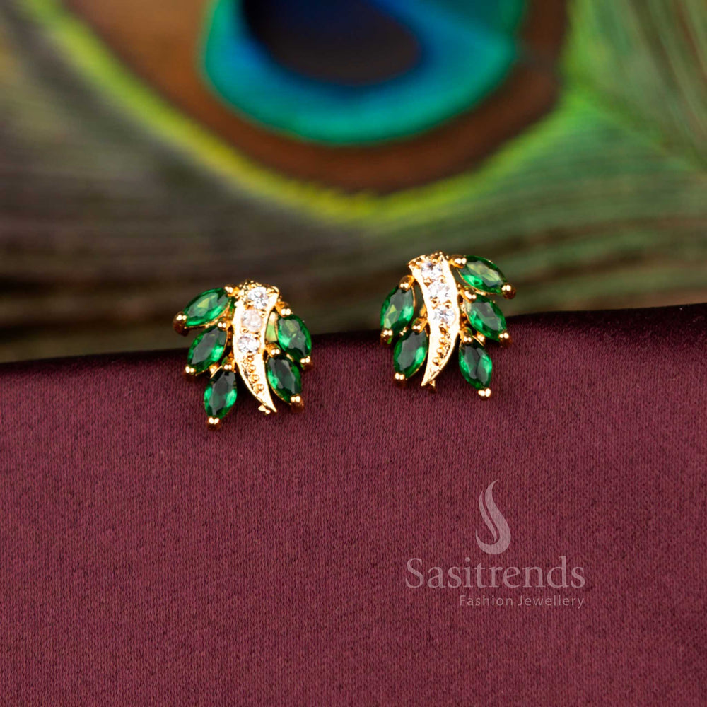 Stylish Traditional Micro Gold Plated Green-White Leaf Cluster Marquise AD Stud Earrings Perfect For Bridal And Festival Wear - Sasitrends