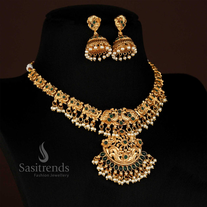 Elegant Green Peacock Matte Gold Plated Floral Necklace Set with Coordinating Jhumkas, Perfect Traditional Wedding Jewellery – Sasitrends