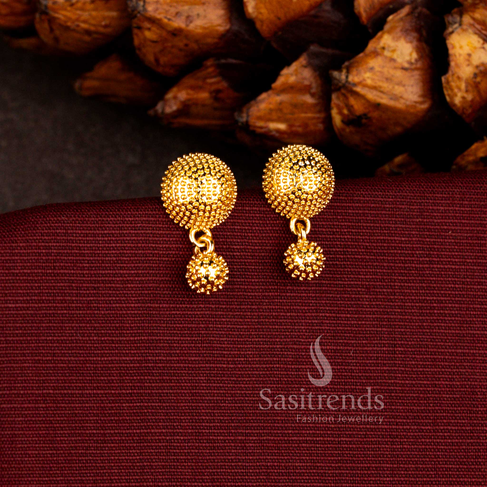 Elegant one gram 24K micro gold plated earrings showcasing classic round motif with graceful finish for everyday and festive wear – Sasitrends