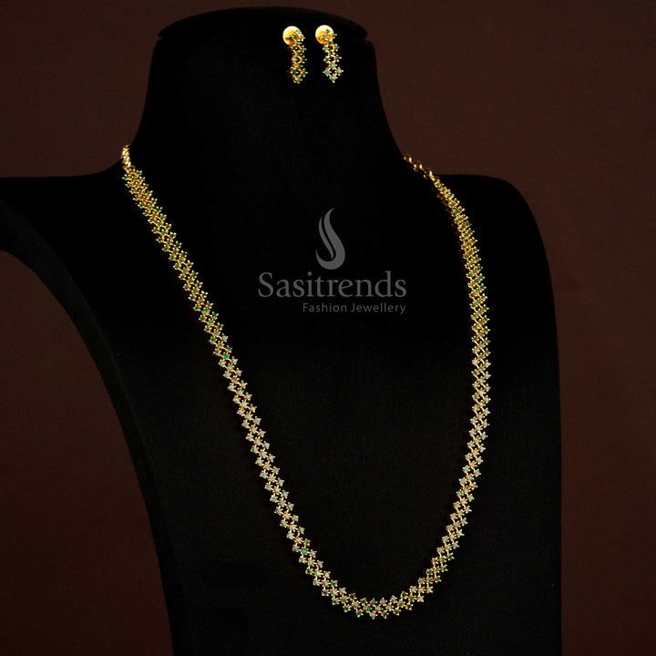 American Diamond Micro Gold Plated Green Jewellery Set With Geometric Cluster Design Perfect For Bridal And Traditional Wear - Sasitrends