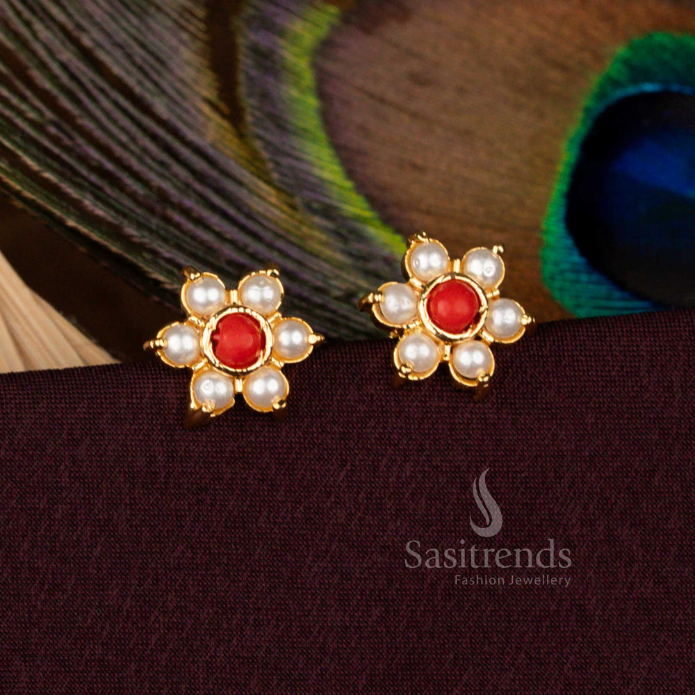 Gorgeous One Gram Micro Gold Plated Traditional Pavalam And Pearl Floral Stud Earrings Made For Temple And Cultural Wear - Sasitrends