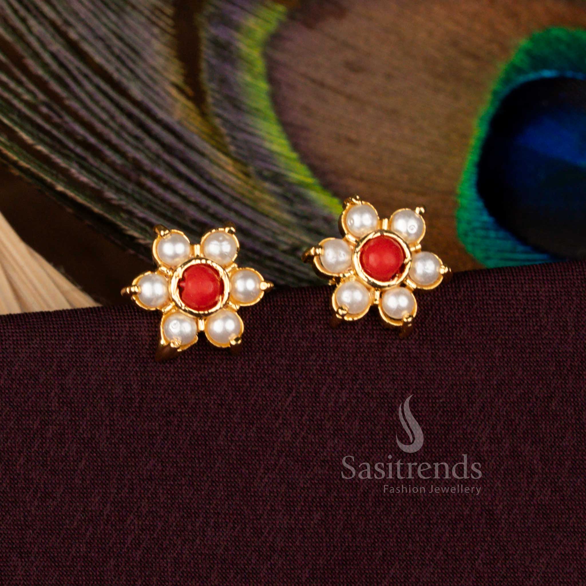 Gorgeous One Gram Micro Gold Plated Traditional Pavalam And Pearl Floral Stud Earrings Made For Temple And Cultural Wear - Sasitrends