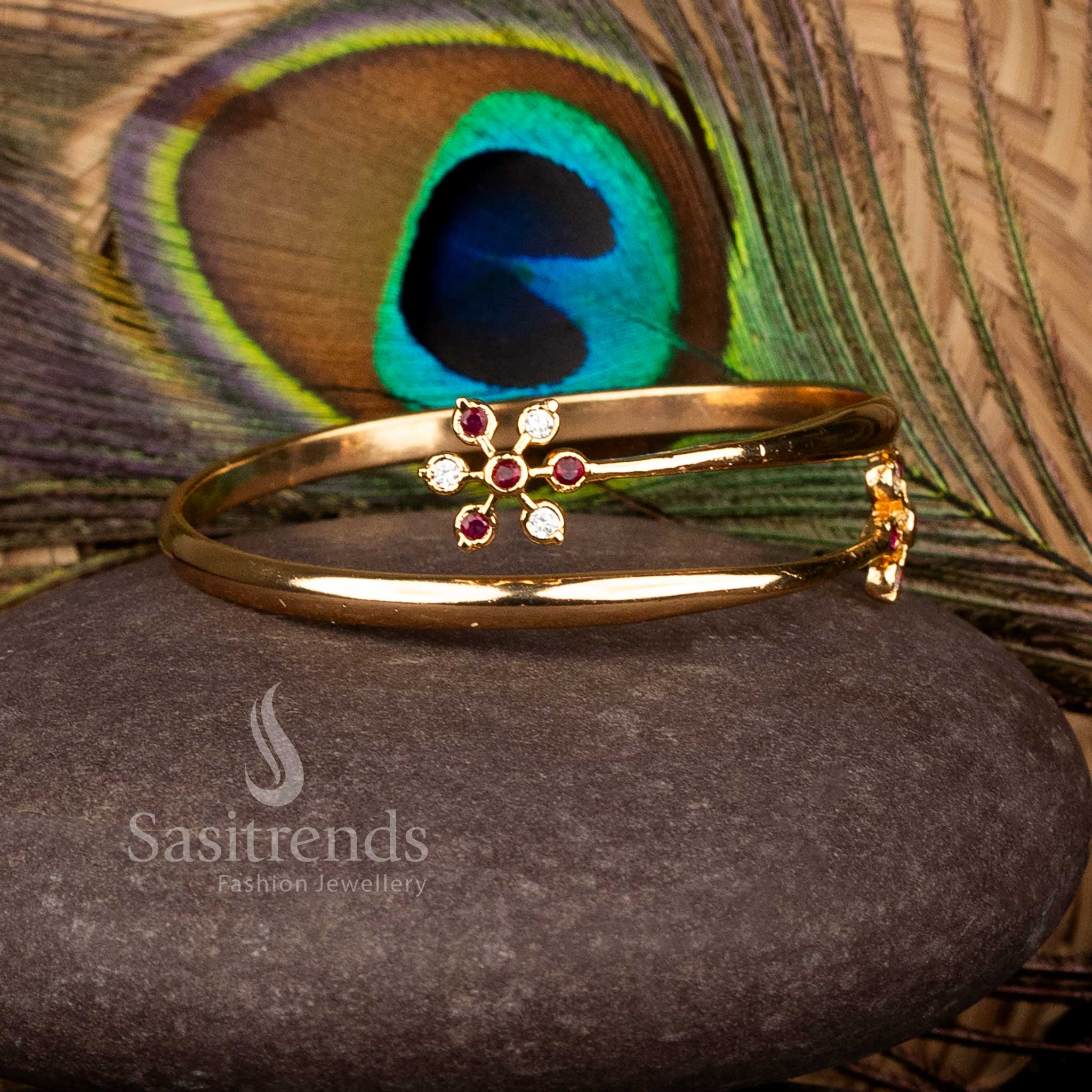 Radiant Impon premium micro gold plated floral kada bracelet in a white-ruby palette designed for cultural functions and traditional saree occasion wear with refined craftsmanship – Sasitrends