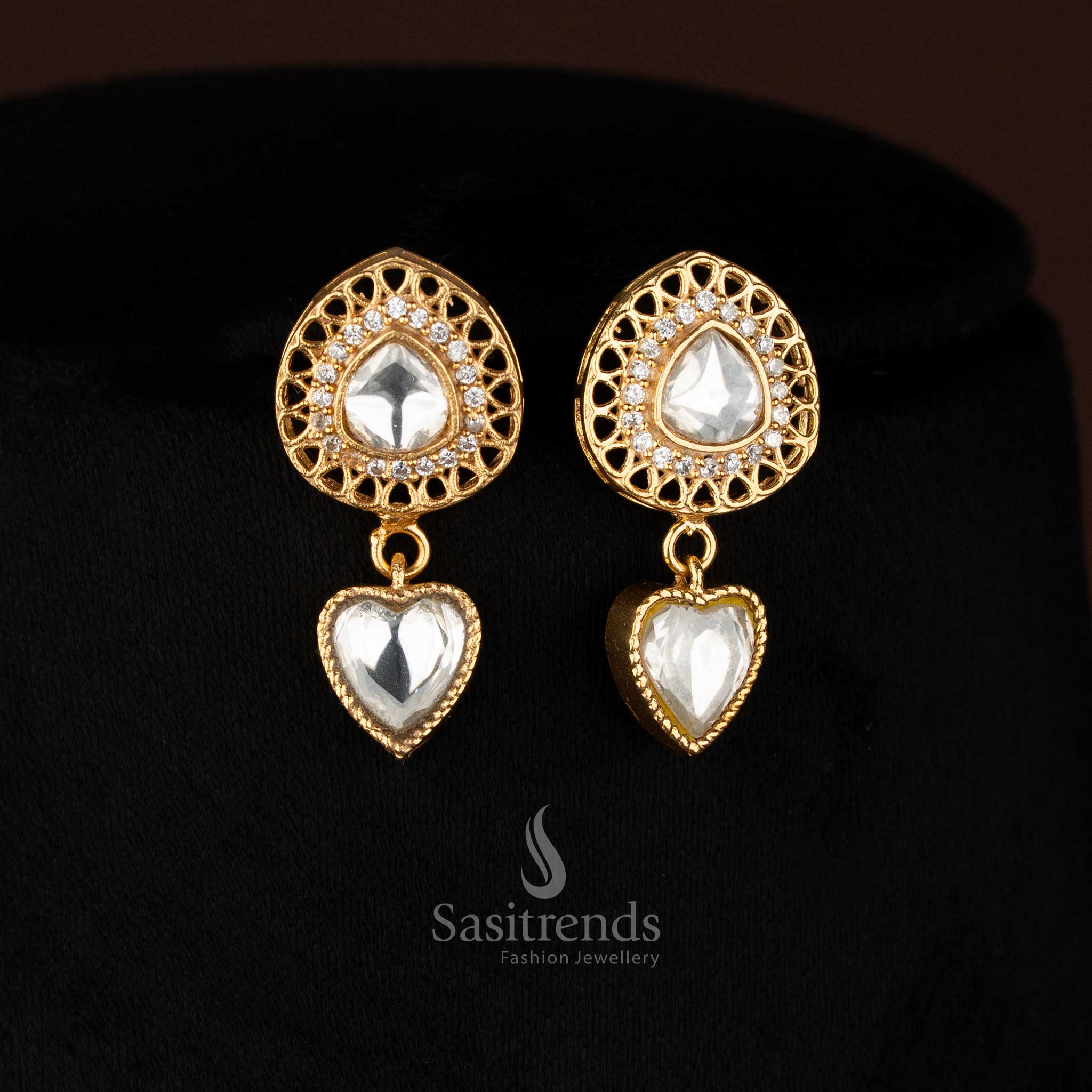Majestic Jadau 24K gold plated double-layer earrings in white with heart and floral motifs, perfect for sangeet nights and designer saree styling – Sasitrends
