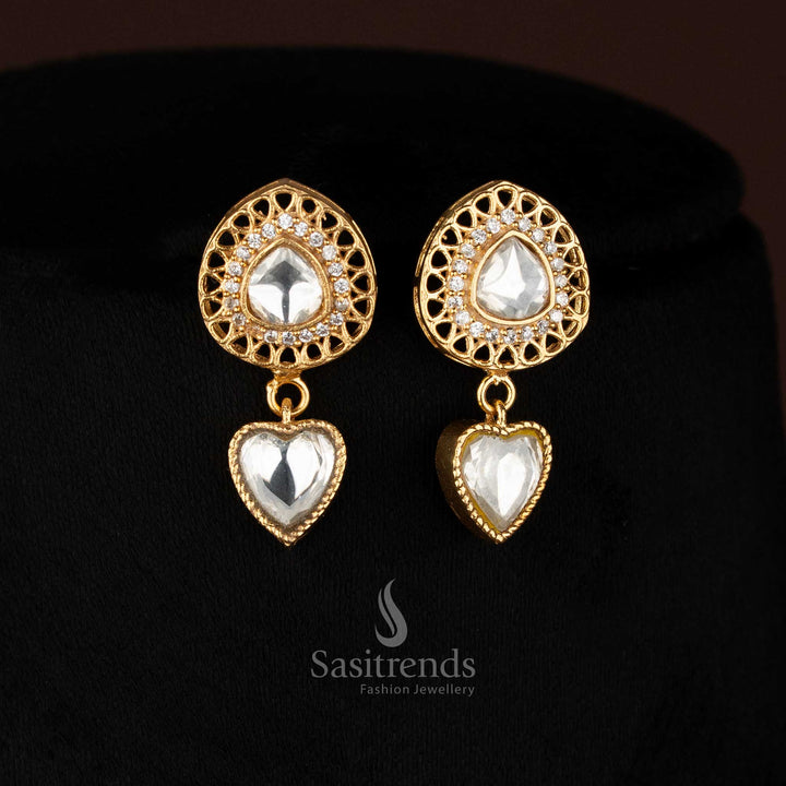 Majestic Jadau 24K gold plated double-layer earrings in white with heart and floral motifs, perfect for sangeet nights and designer saree styling – Sasitrends