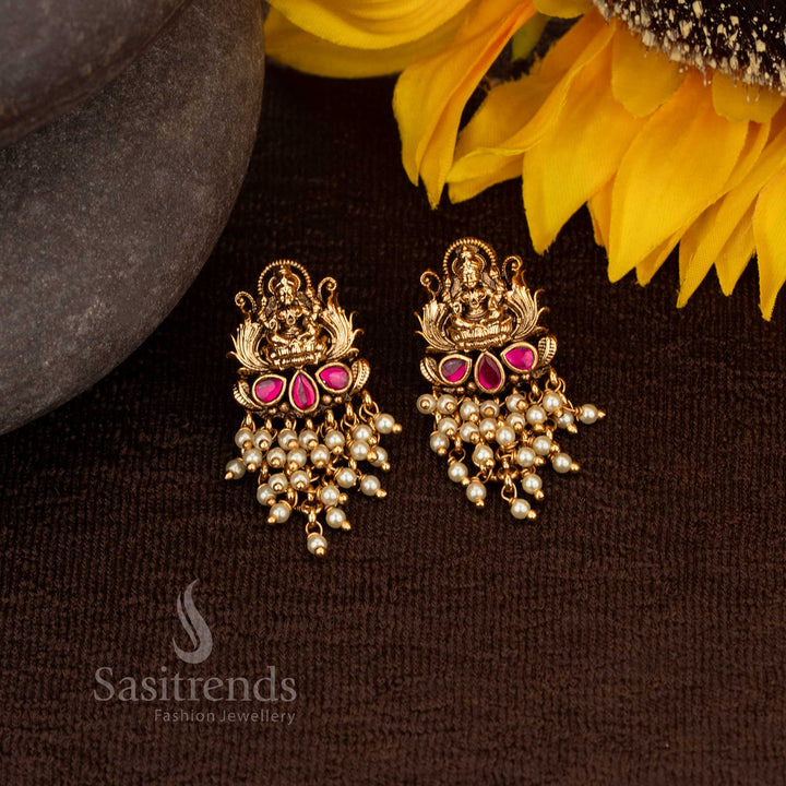 Elegant Matte Gold Lakshmi Temple Earrings with Glittering Stones and Pearl Drops for Ruby Colour – Sasitrends