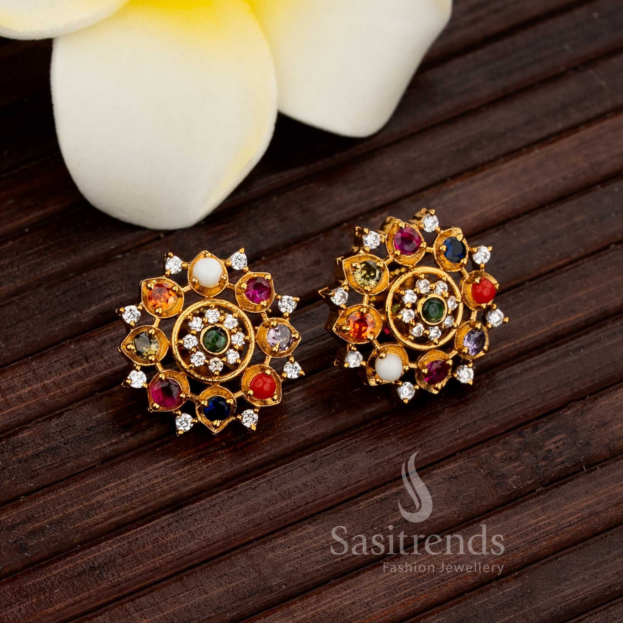 Stylish Matte Gold Plated Mandala Stud Earrings With American Diamond Accents – Traditional Partywear Jewellery For Modern Ethnic Ensembles - Sasitrends