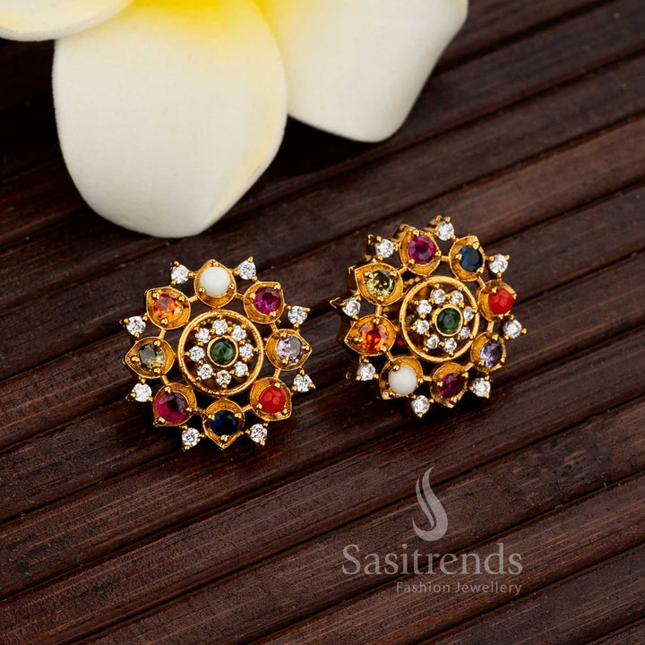 Gorgeous Matte Gold Plated AD Stone Studded Mandala Stud Earrings – Multi-Stone Design - Sasitrends