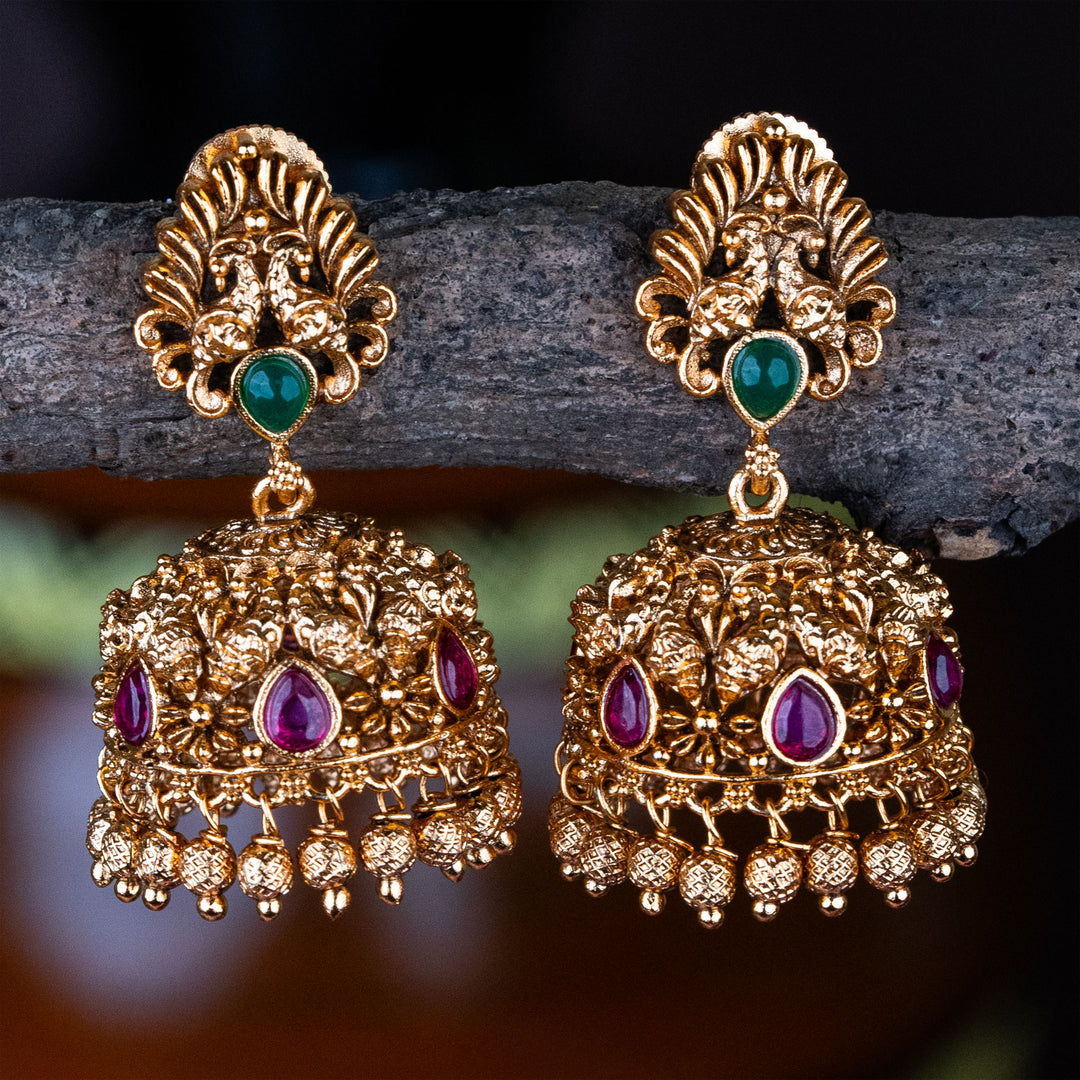 Traditional Wear Premium Matt Gold Plated Peacock Designer Kemp Stone Small Jhumka Earrings - Sasitrends