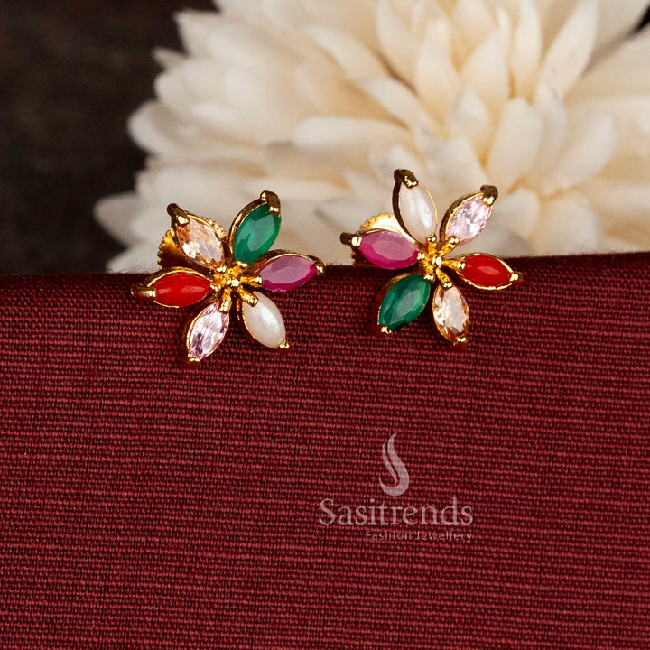 Artistic micro gold plated AD floral multi gleam faceted round stud earrings in navarathna styling for expressive wear – Sasitrends