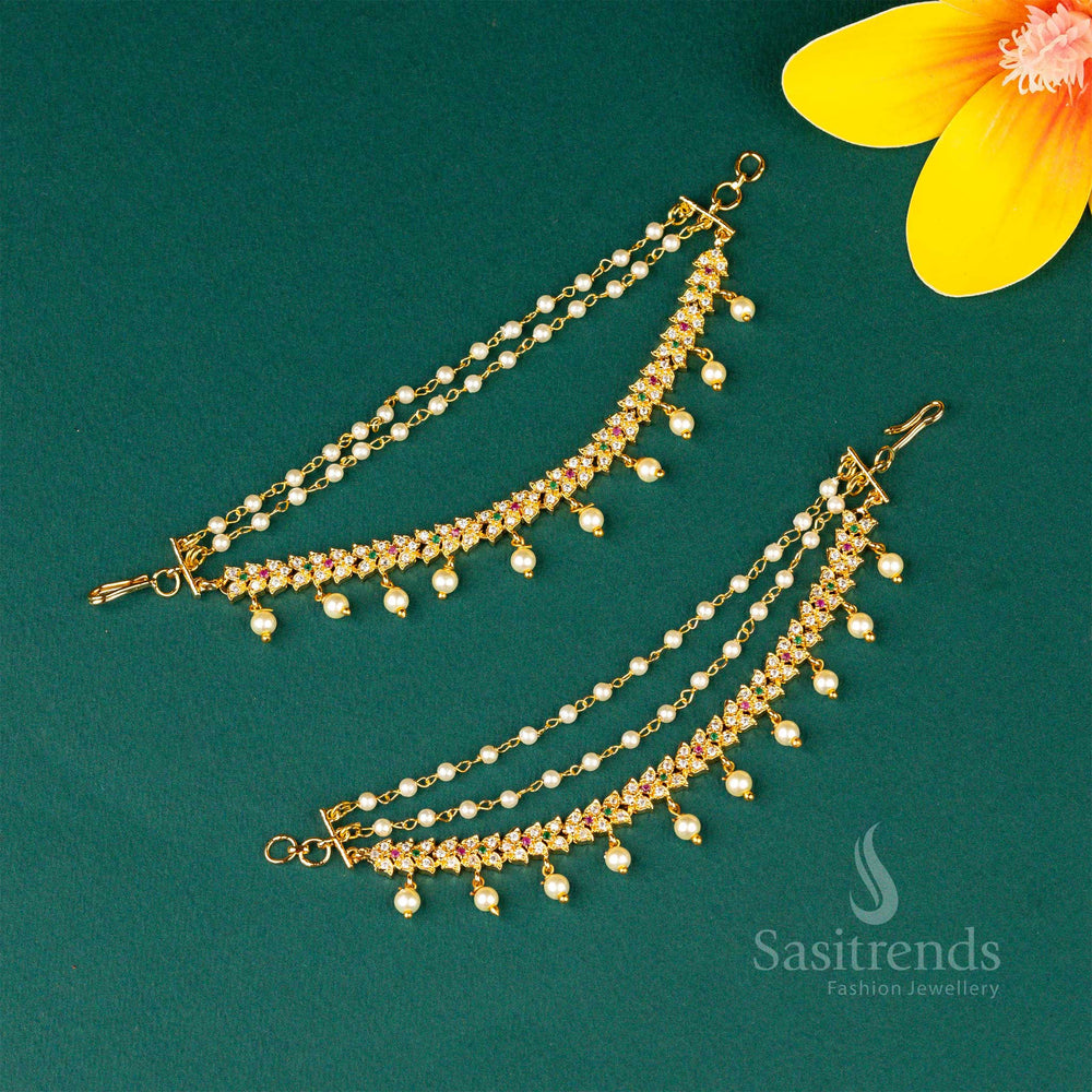 Elegant Micro Gold Plated AD Stone Pearl Matil Ear Chain, Luxurious Traditional Ornament Designed For Wedding Queens And Festive Grandeur – Sasitrends

