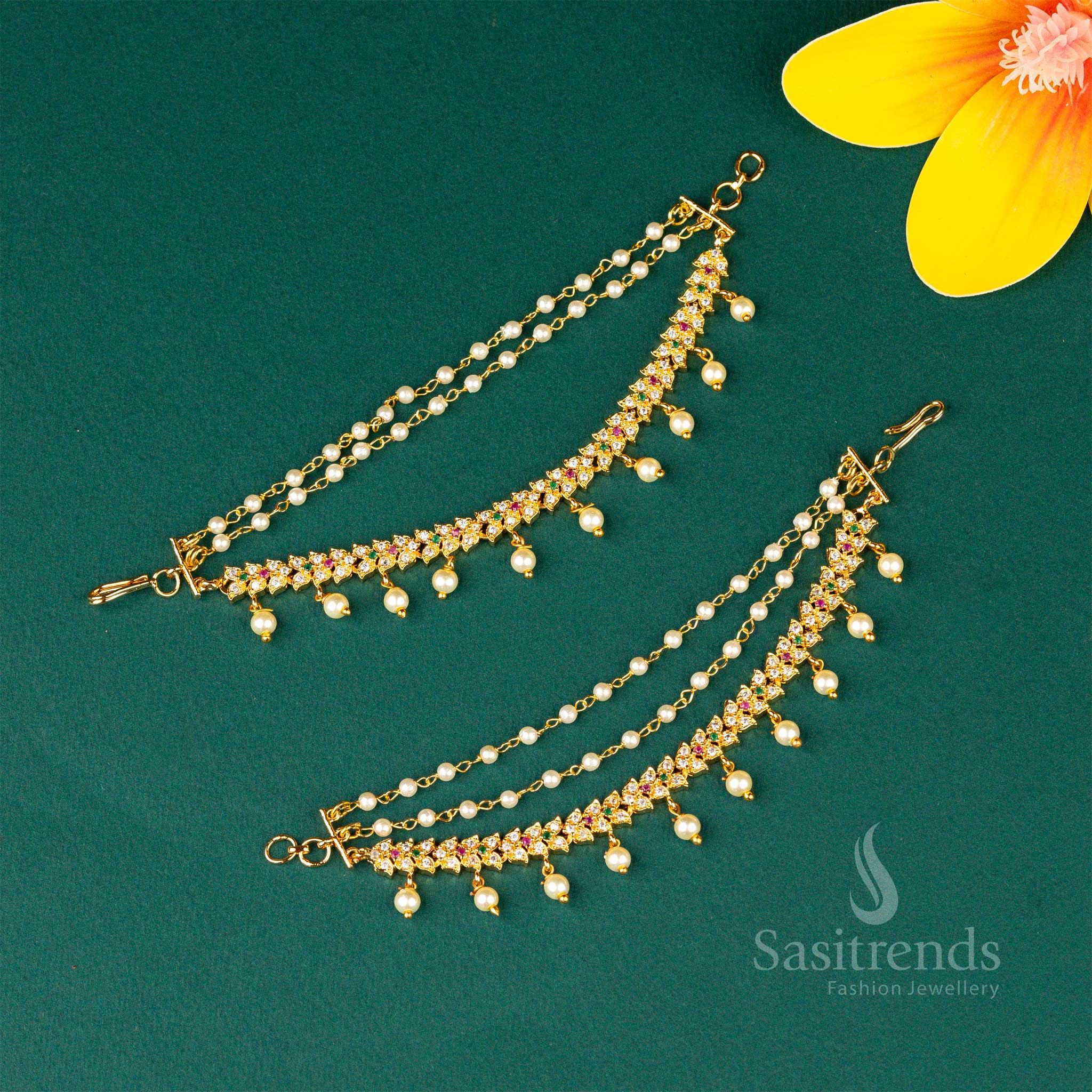 Elegant Micro Gold Plated AD Stone Pearl Matil Ear Chain, Luxurious Traditional Ornament Designed For Wedding Queens And Festive Grandeur – Sasitrends

