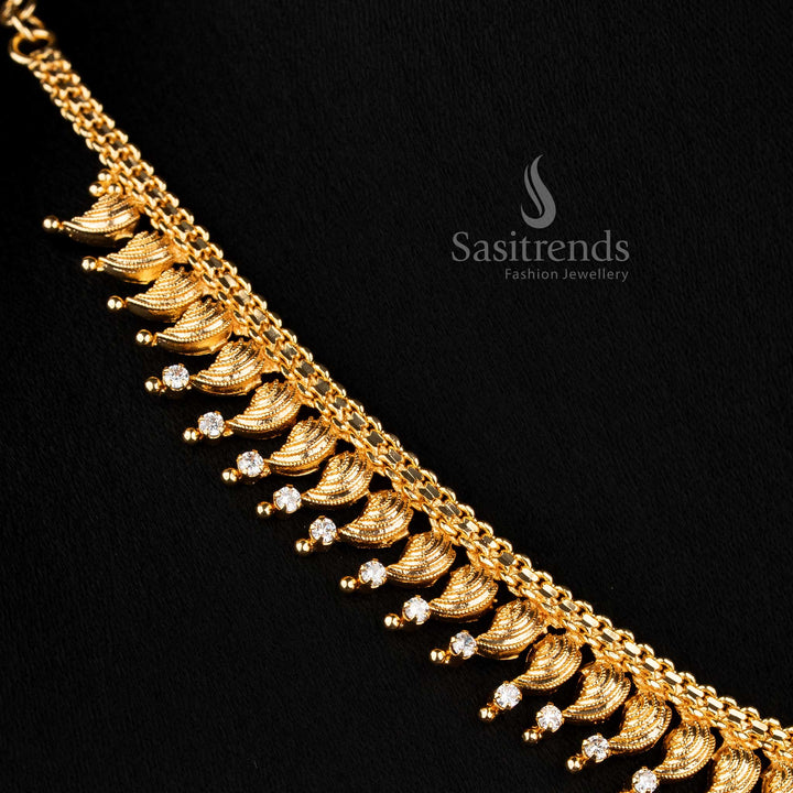 Guaranteed one gram micro gold plated white leaf fringe necklace with AD stone detailing and hanging drops, elegant jewellery for wedding wear – Sasitrends