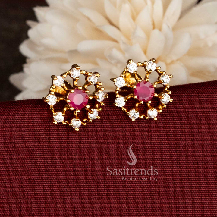 Premium micro gold plated white ruby AD floral earrings showcasing rich contrast stones perfect for South Indian traditional ceremony-ready outfit styling - Sasitrends