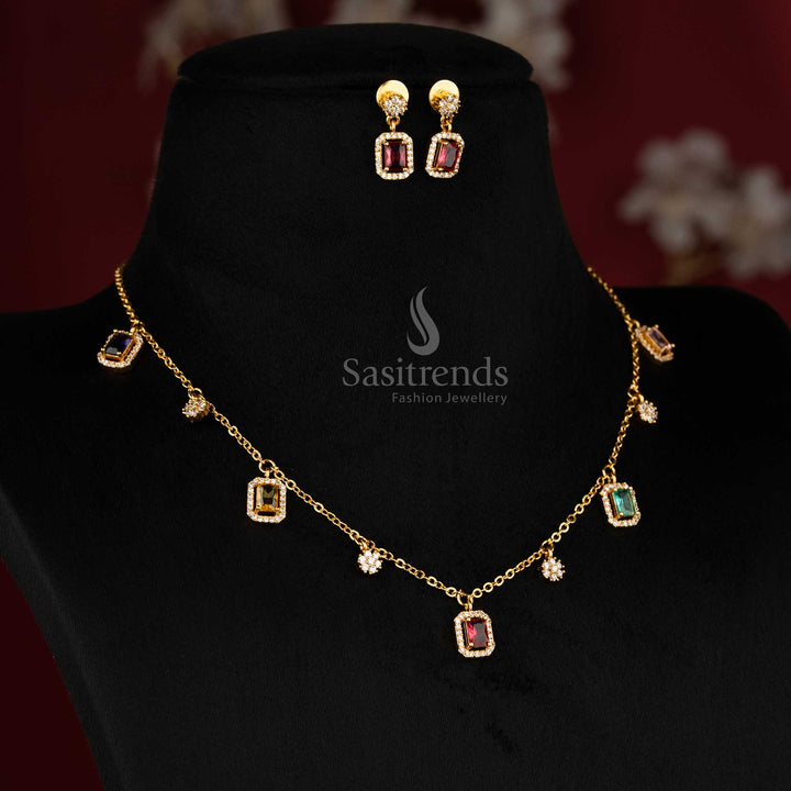 Classic multi American diamond invisible matte gold plated floral single layer necklace set with rectangular stone detailing, perfect ornament for festive saree styling - Sasitrends