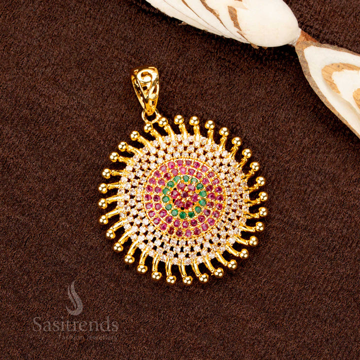 An exquisite gold plated Chakara pendant featuring dazzling multi-hued AD stones, radiating charm and elegance for ethnic jewellery lovers