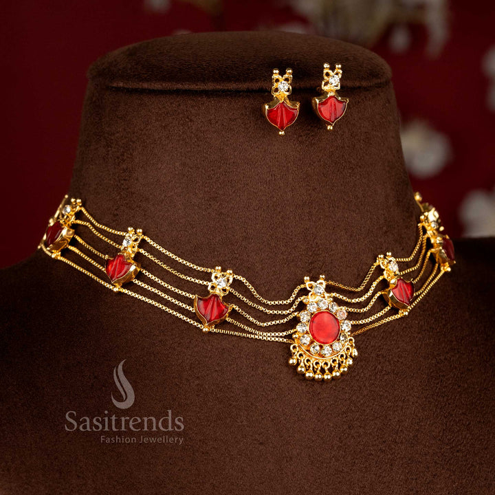 Elegant Kerala Palakka choker necklace with one gram micro gold plating, bold red accents, and traditional-inspired design for saree and festive occasions - Sasitrends