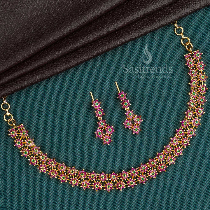 Elegant Micro Gold Plated Ruby-Green Two Line American Diamond Star Jewellery Set For Traditional And Festive Occasions – Sasitrends