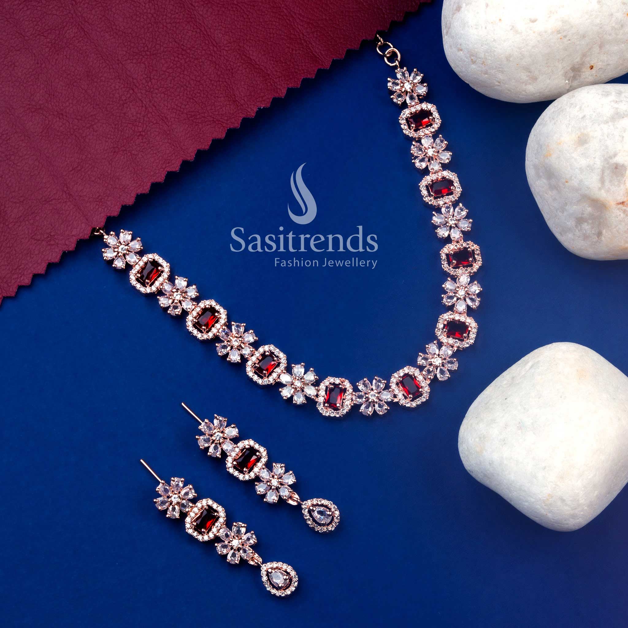Opulent rose gold plated red AD bloom necklace set with designer earrings for fashionable party attire – Sasitrends