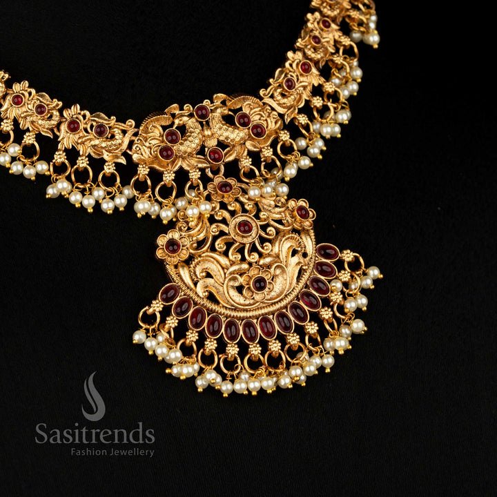Peacock Matte Gold Plated Necklace Jewellery Set with Delicate Floral Motifs and Matching Jhumkas in Radiant Ruby, Exquisite Choice for Bridal Wear – Sasitrends