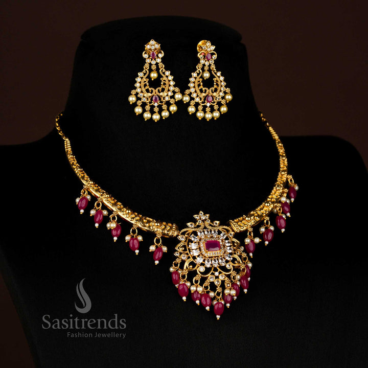 Elegant Ruby Pearl Temple Matte Gold Plated Necklace with Intricate Filigree Pendant and Brilliant AD Stone Detailing, Perfect for Classic Cultural Events – Sasitrends