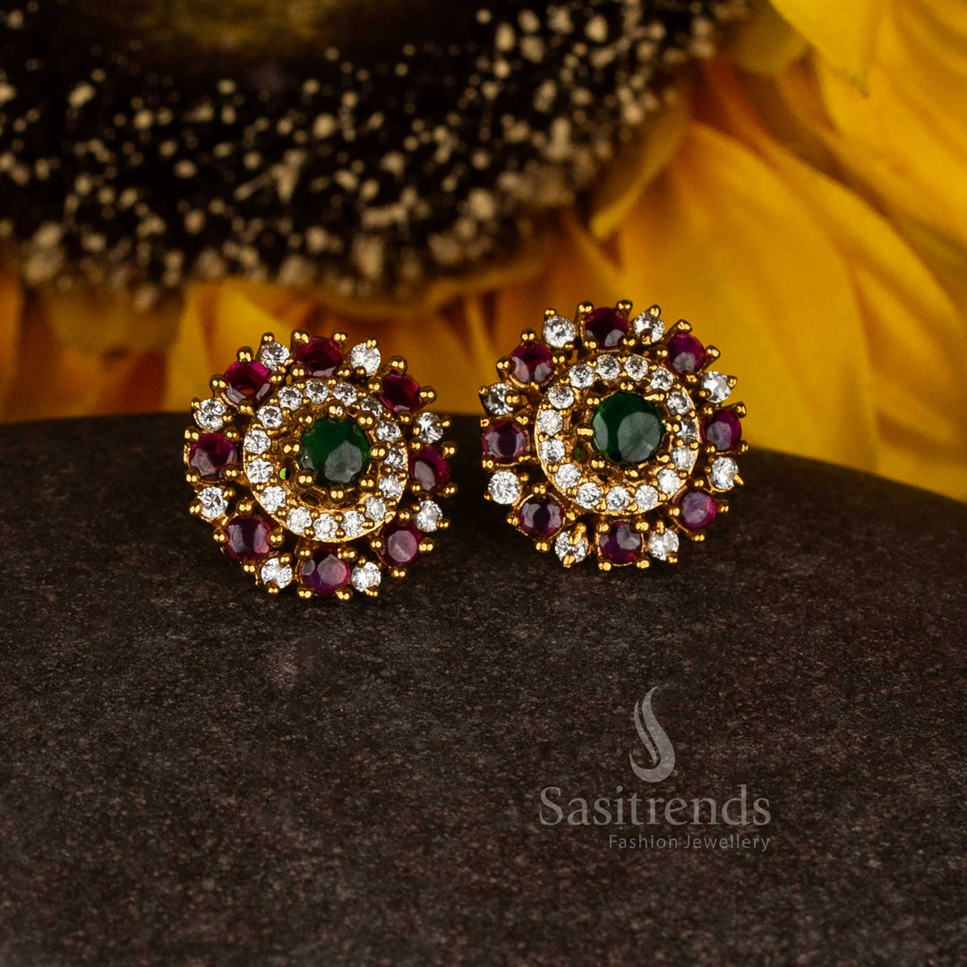 Radiant premium temple matte gold plated circular design stud earrings reflecting traditional beauty and cultural elegance - Sasitrends