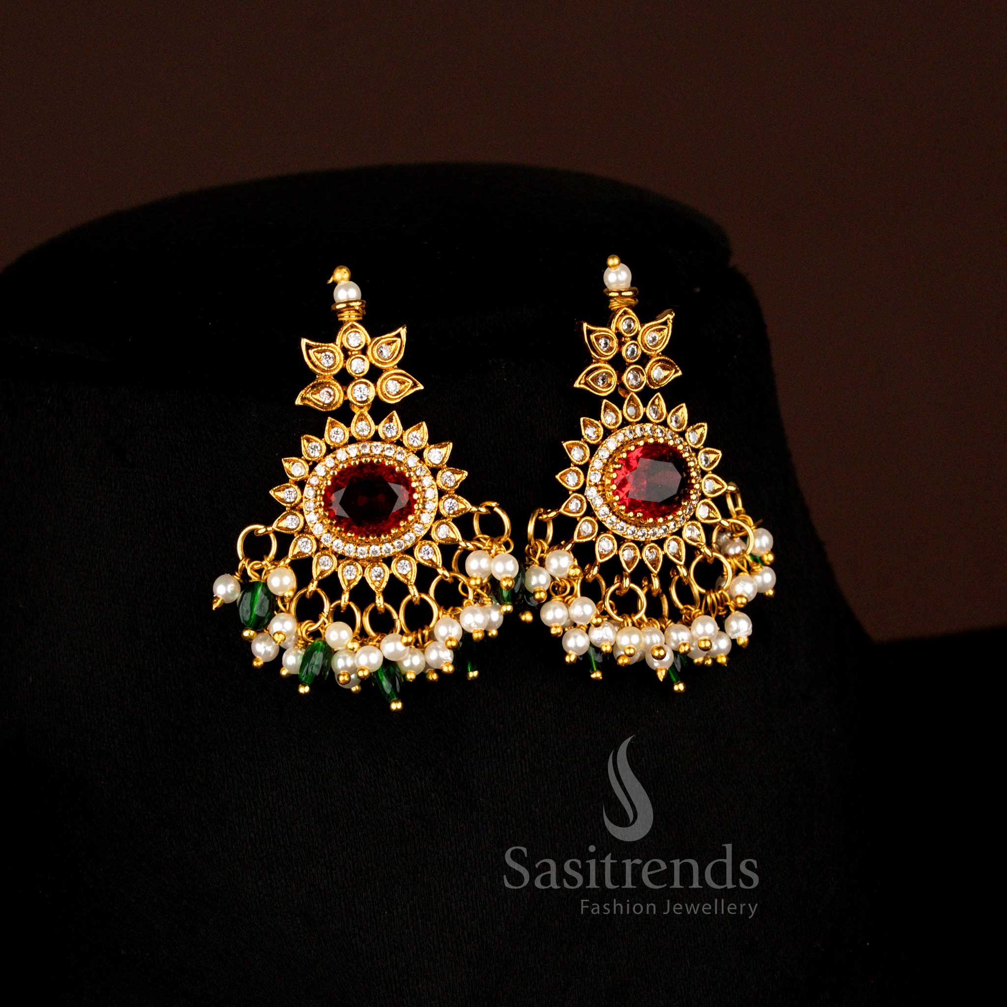 Ornate Matte Gold Plated Maroon-Green-Pearl Oval Pendant Earrings With Beads Perfect For Festivals And Party Occasions - Sasitrends