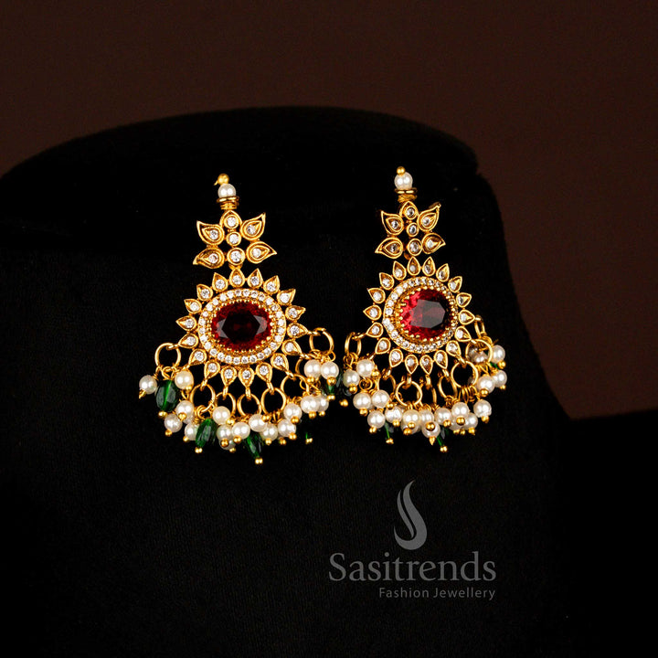 Ornate Matte Gold Plated Maroon-Green-Pearl Oval Pendant Earrings With Beads Perfect For Festivals And Party Occasions - Sasitrends