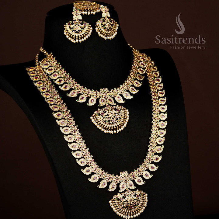 Premium Temple Matte Gold Plated Peacock Mango Short Long Combo Necklace Jewellery Set for Wedding & Bridal Wear