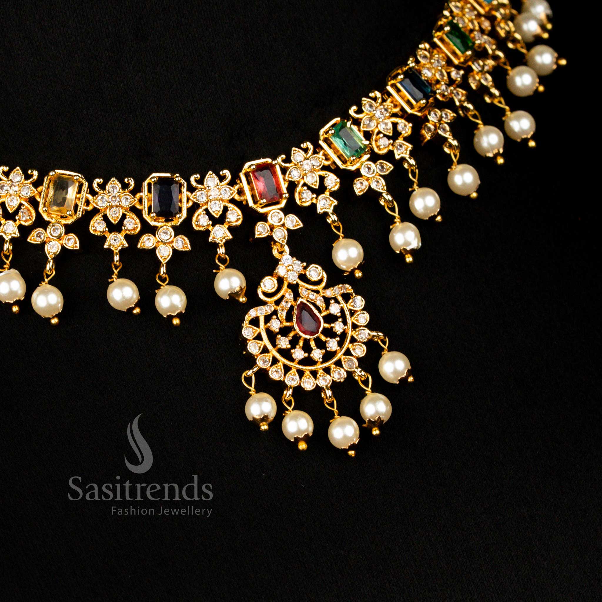 Designer Matte Gold Plated Temple Floral AD Stone Necklace Set Wedding Jewellery For Women – Sasitrends