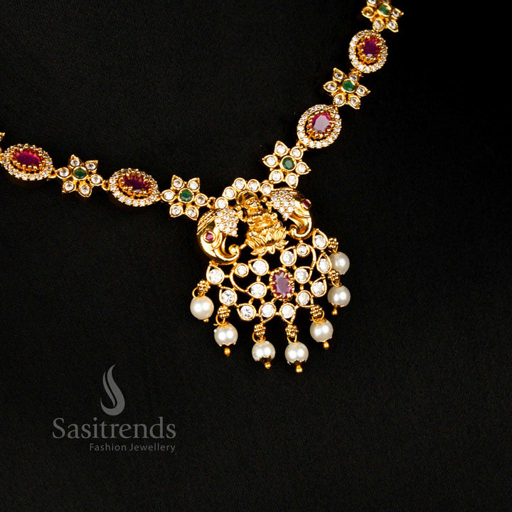Ethnic Matte Finish Gold Plated Temple Jewellery Lakshmi Floral AD Stone Necklace Set For Wedding And Festive Wear – Sasitrends