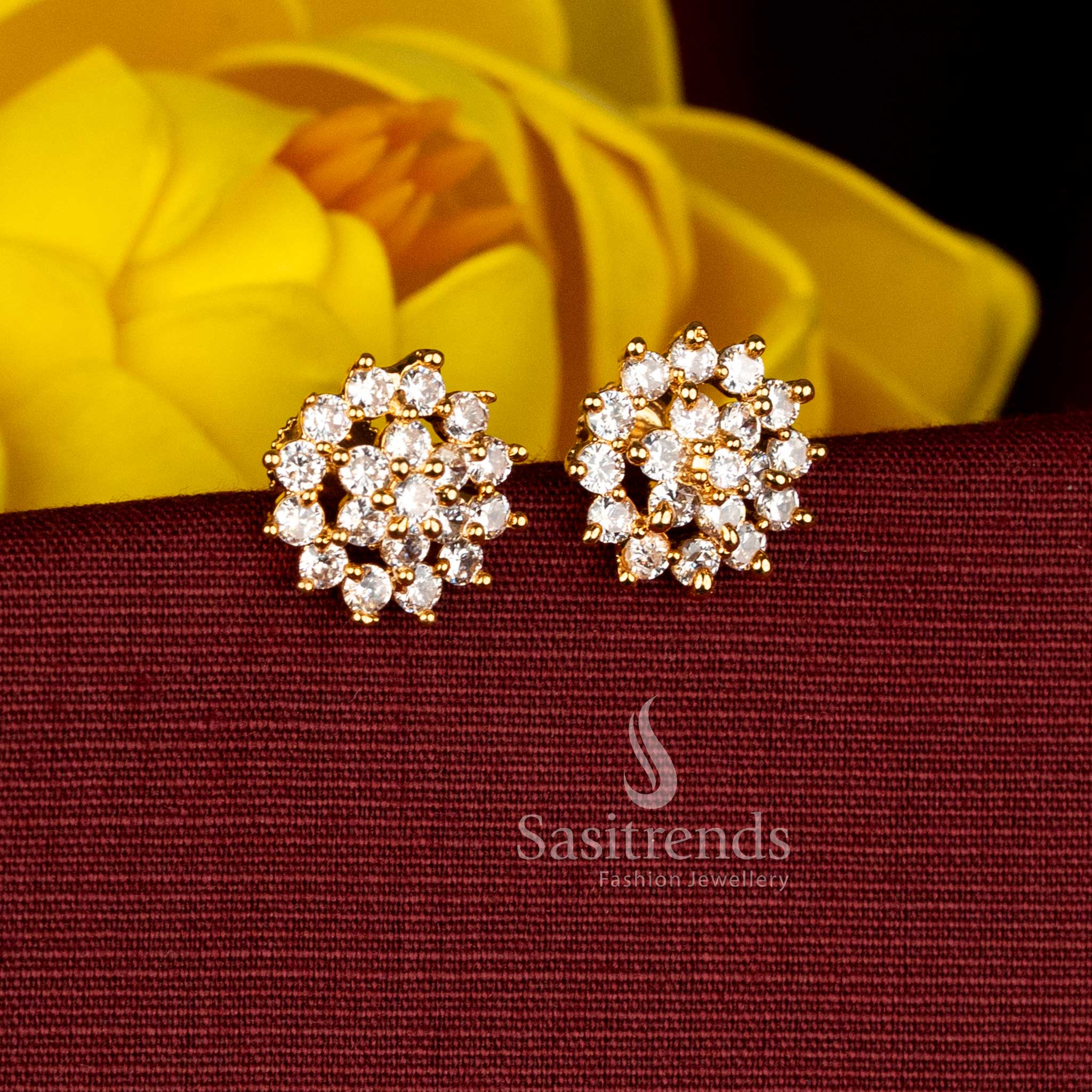 Elegant micro gold plated AD pearl white floral screw stud earrings for classic traditional ceremonies, perfect for pairing with silk saree and half saree for cultural celebrations - Sasitrends