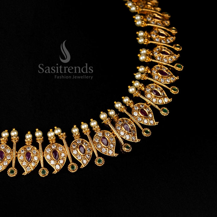 Royal matte gold temple necklace jewellery set with vivid multi stones and delicate mango stick motifs for ethnic celebrations - Sasitrends