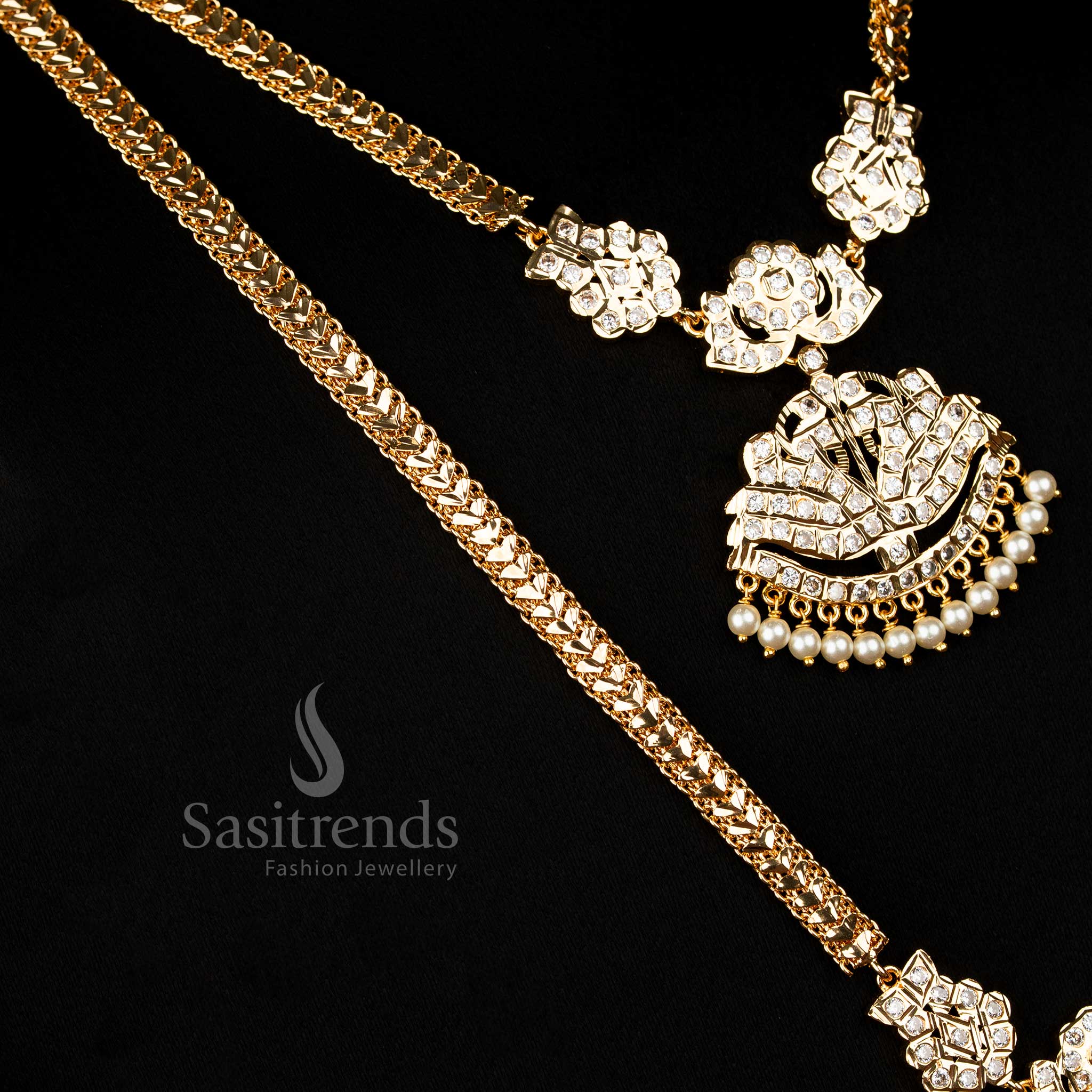 Graceful one gram micro gold Impon Lotus Padakam long short necklace combo with classic white stones for ethnic wear - Sasitrends