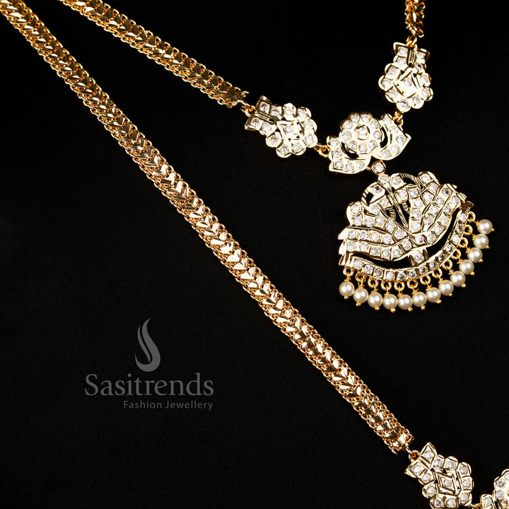Graceful one gram micro gold Impon Lotus Padakam long short necklace combo with classic white stones for ethnic wear - Sasitrends