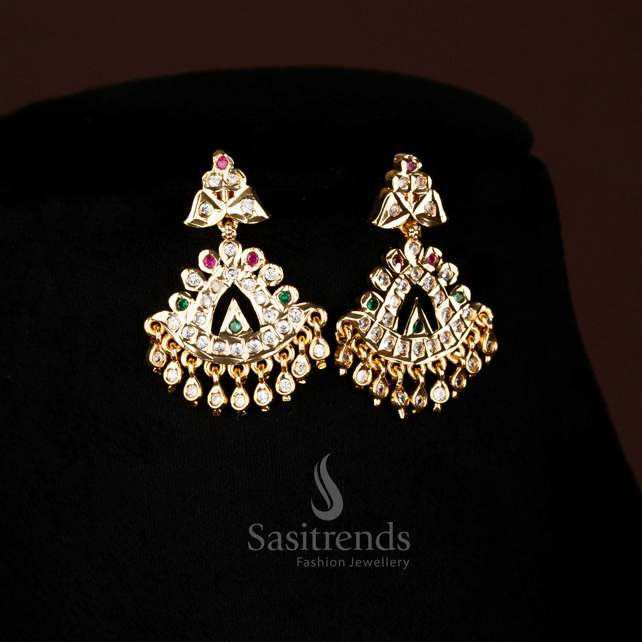 Traditional multi colour impon earrings crafted with AD and Kemp stones radiating grace and charm for cultural events - Sasitrends
