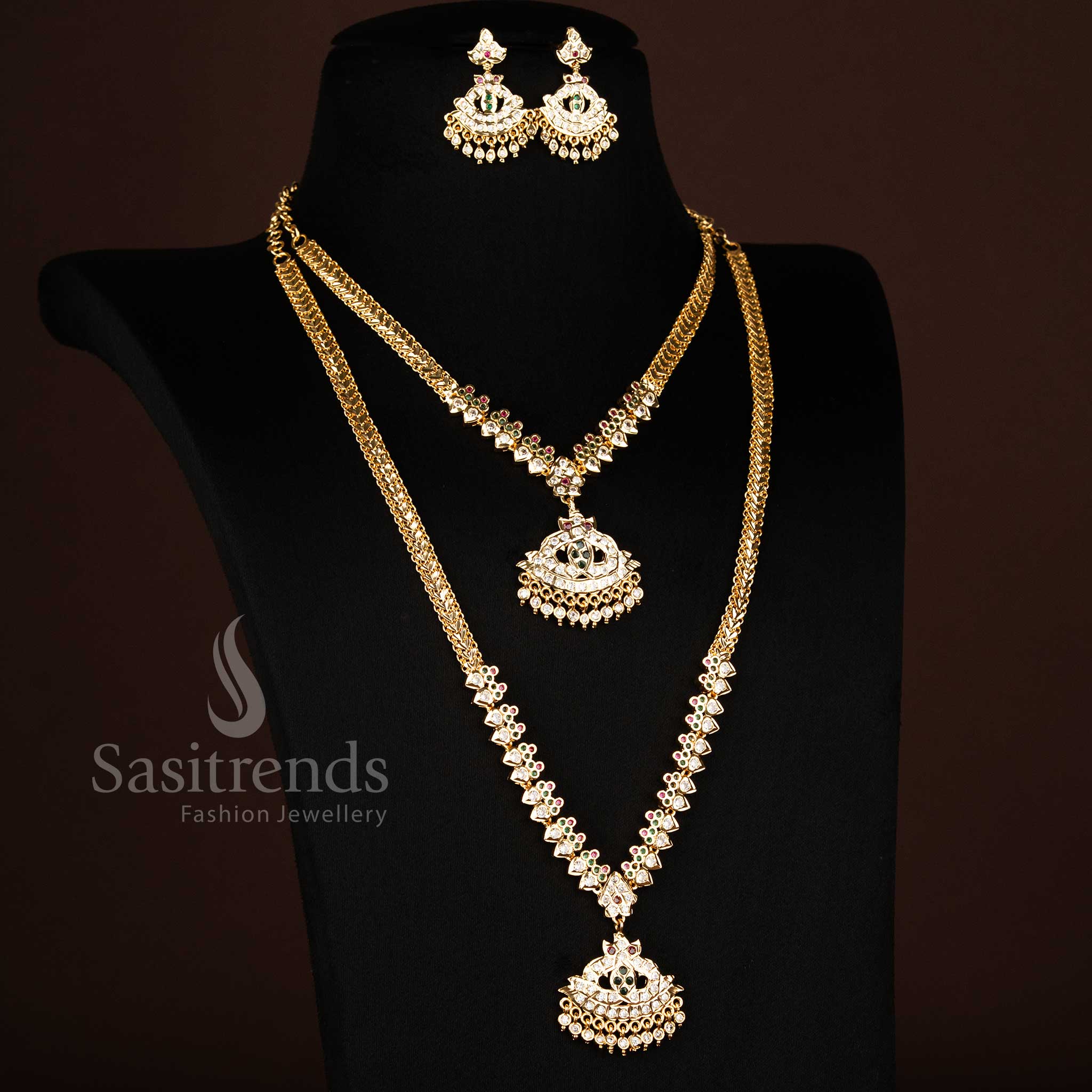 Charming one gram micro gold Impon long short combo necklace jewellery set with colourful multi stone arrangements - Sasitrends