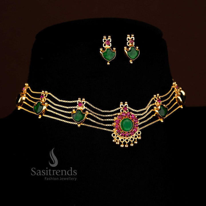 Traditional green stone one gram micro gold Palakka choker necklace jewellery set with classic South Indian craftsmanship - Sasitrends