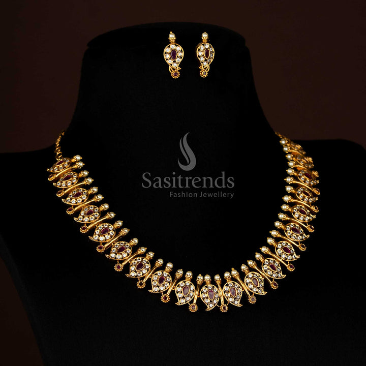 Traditional Temple Matte Gold Tone Necklace Jewellery Set: Intricate Mango and Stick Motifs with Sparkling AD Stones