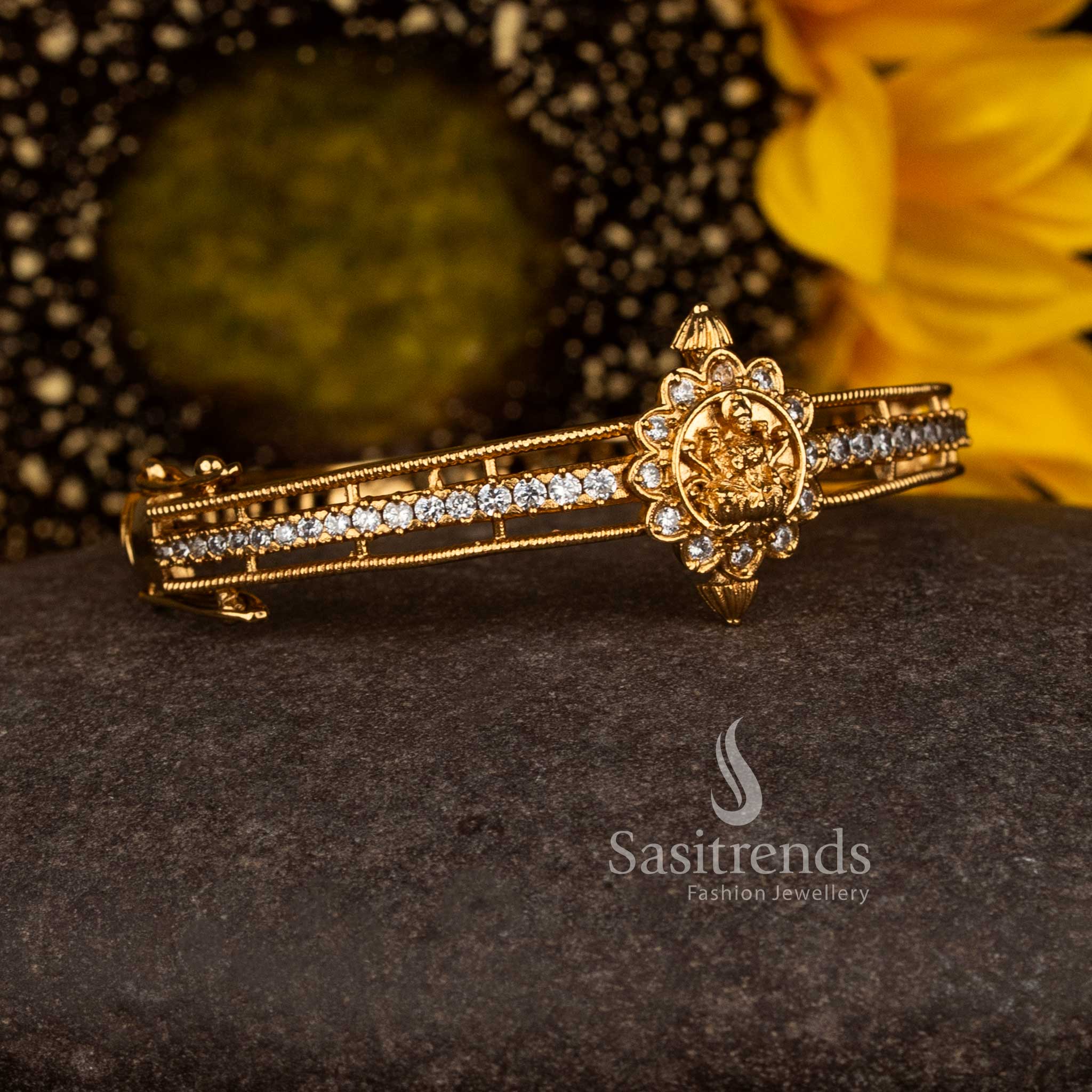 3.	Elegant Temple Matte Gold Plated Lakshmi Floral Openable Bangle with American Diamond Stones - Sasitrends