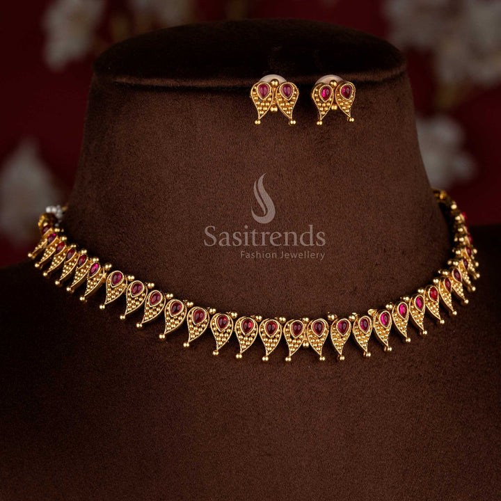 Opulent classic matte gold plated ruby necklace set with matching stud earrings for radiant celebration looks – Sasitrends