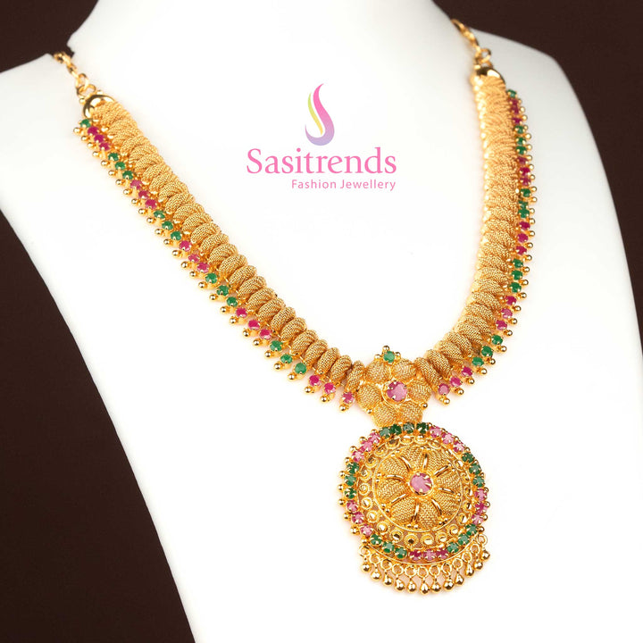 Zenith ruby-green micro gold plated circular pendant necklace with AD stones and golden bead detailing, crafted for luxurious festive occasions – Sasitrends
