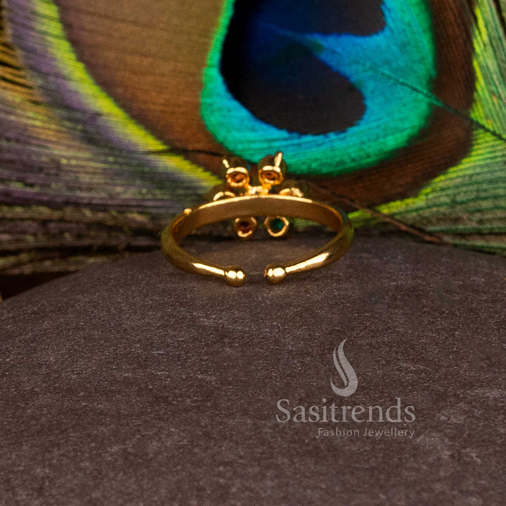 Rainbow Elegance micro gold AD flower ring with Panchaloha detailing, perfect for vibrant saree ensembles and festive bridal occasions – Sasitrends