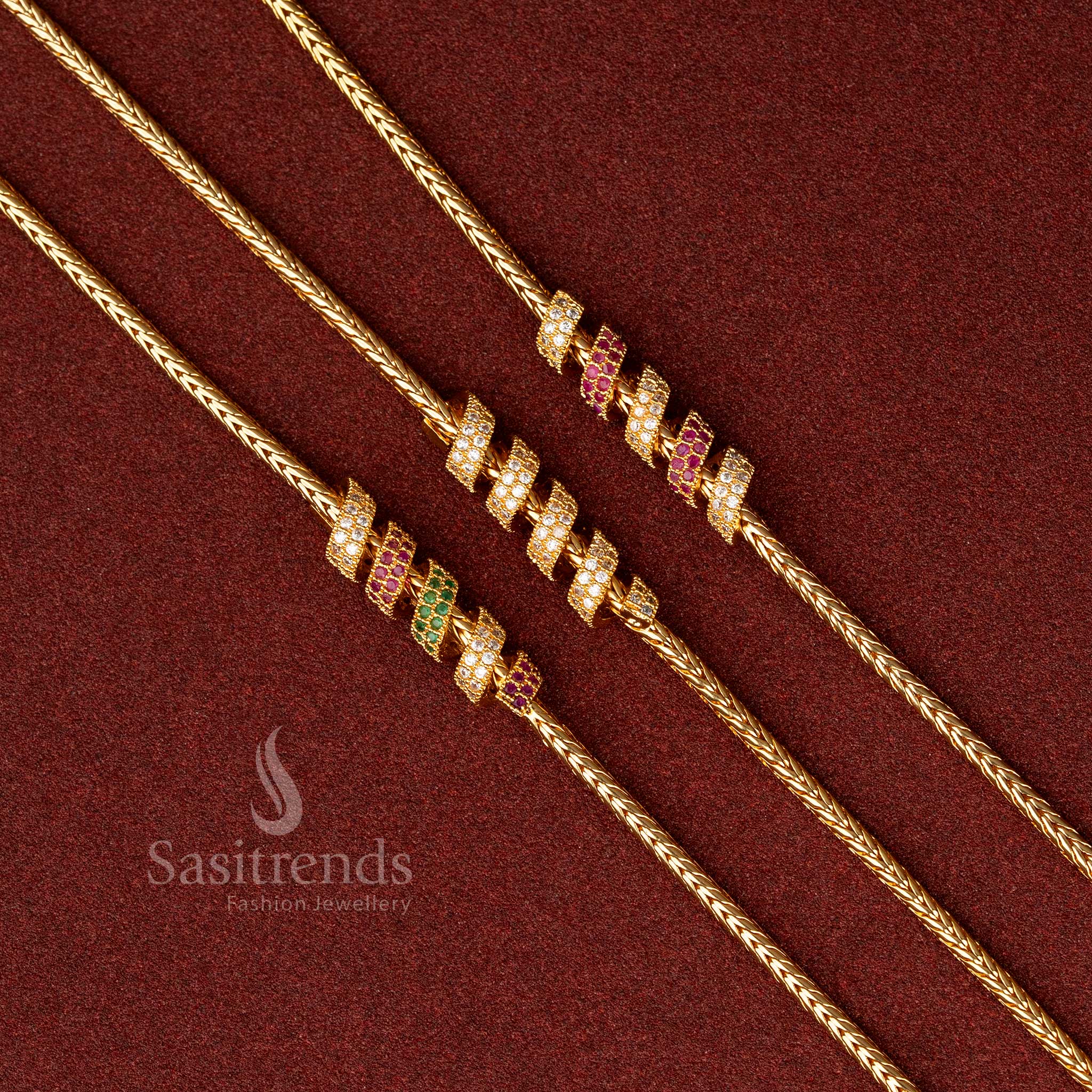 Vibrant multicolour micro gold spring Mugappu chain embellished with AD stones, perfect for colourful festive attire and traditional celebrations – Sasitrends