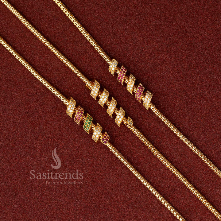 Vibrant multicolour micro gold spring Mugappu chain embellished with AD stones, perfect for colourful festive attire and traditional celebrations – Sasitrends
